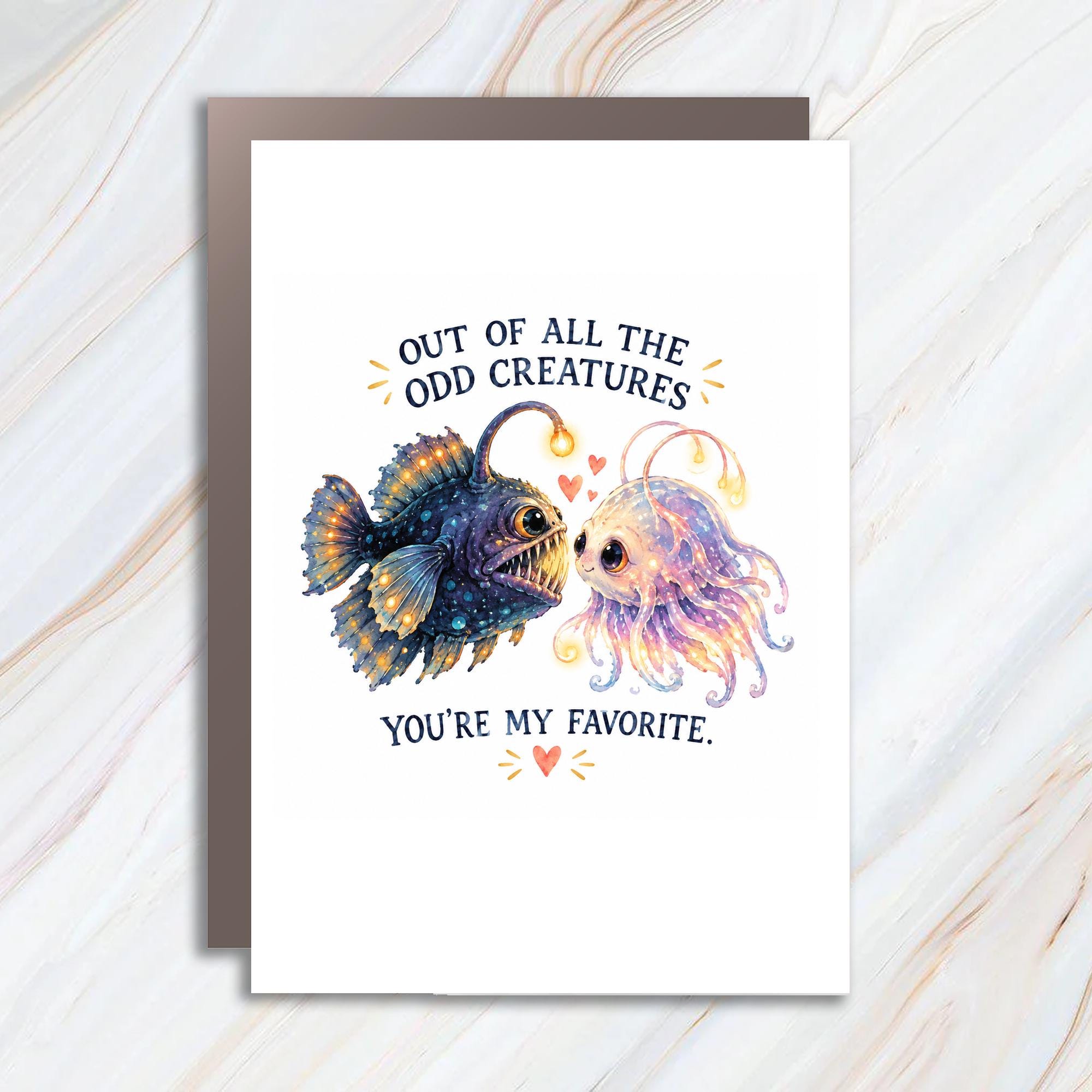 Out Of All The Odd Creatures You're My Favorite Love Card Cute Anglerfish Jellyfish Illustration Romantic Greeting Card For Partne C1260