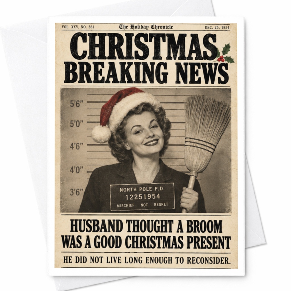 Christmas Breaking News Funny Christmas Card Vintage Mugshot Holiday Greeting Card For Husband Wife Santa Hat C8728