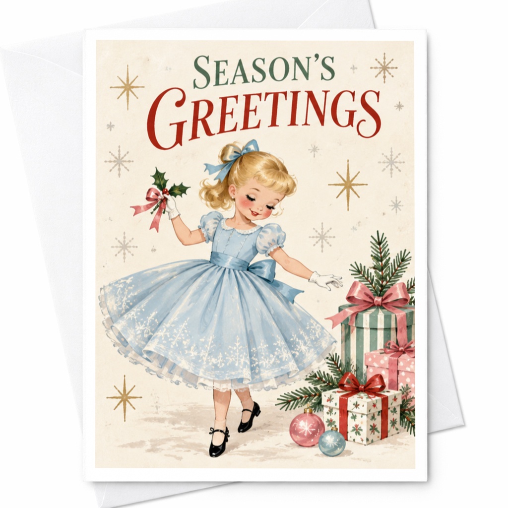 Season's Greetings Vintage Christmas Card Cute Holiday Card With Girl And Gifts Retro Style Festive Greeting Card C8731