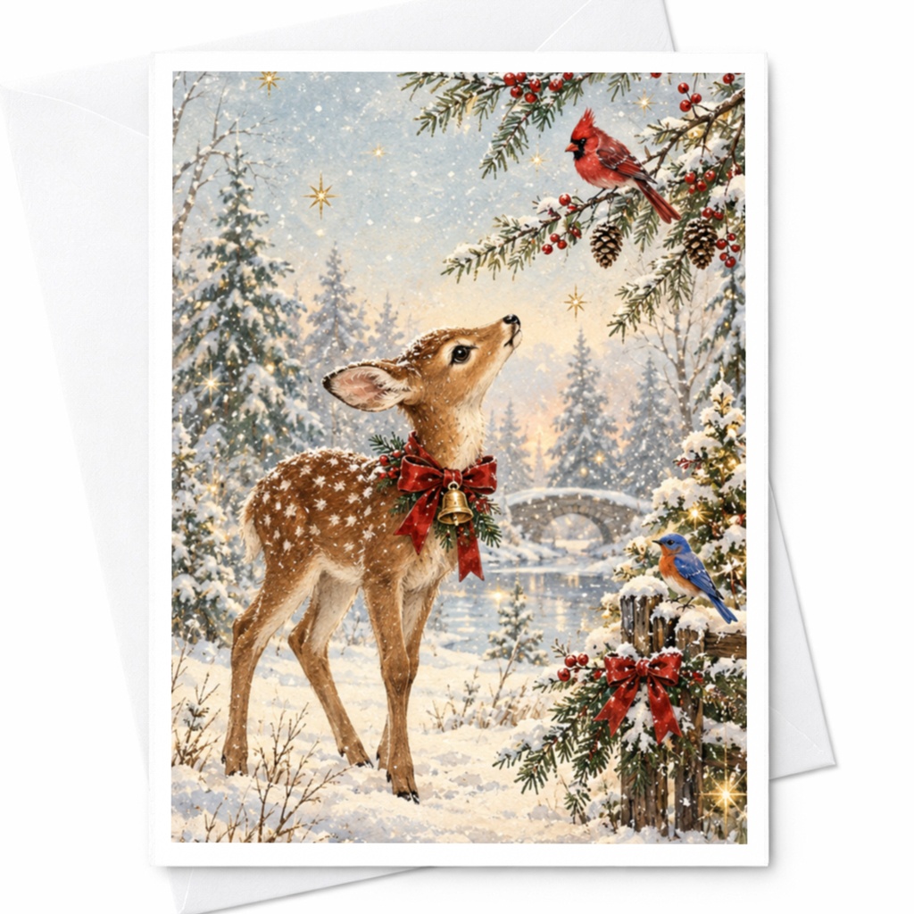 Deer And Cardinal Christmas Card Winter Scene Holiday Greeting Card Woodland Animal Lover Festive Snowy Forest Art C8739
