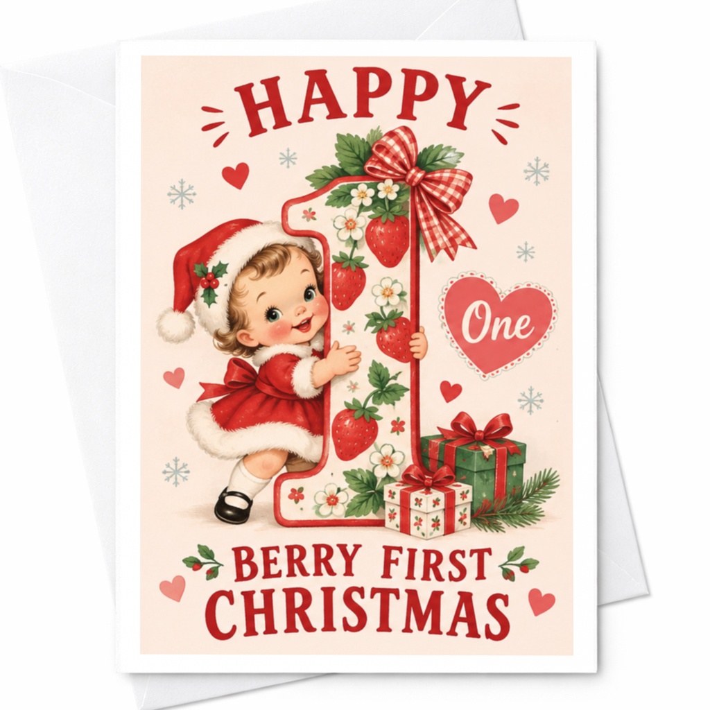 Happy Berry First Christmas Cute Baby's 1st Christmas Card Vintage Style Holiday Greeting Card For Baby's First Christmas C8740