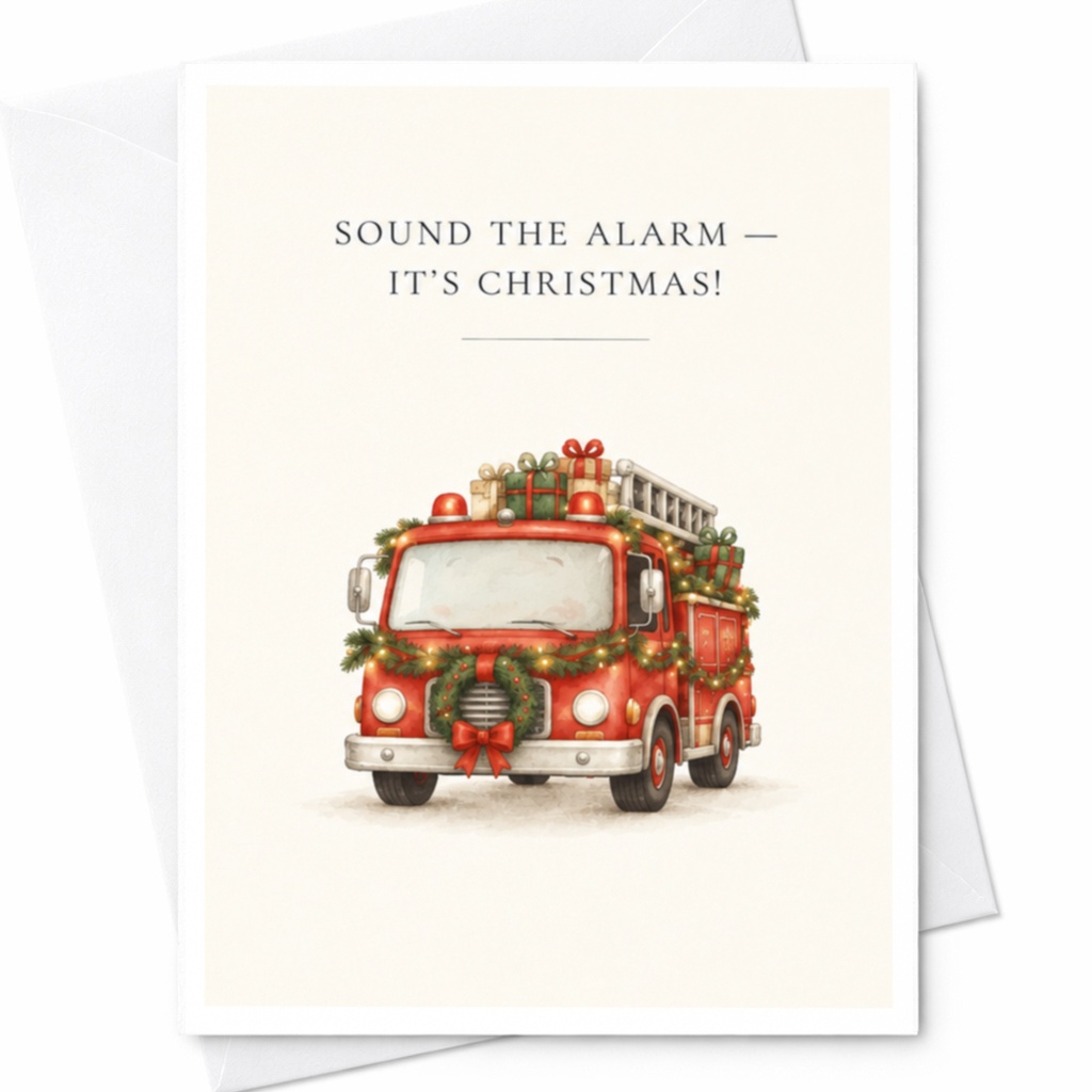 Sound The Alarm — It's Christmas! Festive Fire Truck Christmas Card Cute Holiday Greeting Card For Kids Family Fun C8744
