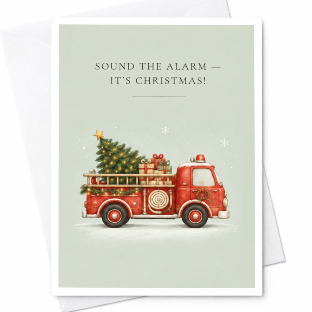 Sound The Alarm — It's Christmas! Festive Christmas Card Fire Truck With Tree Gifts Holiday Greeting Card For Family Friends C8745