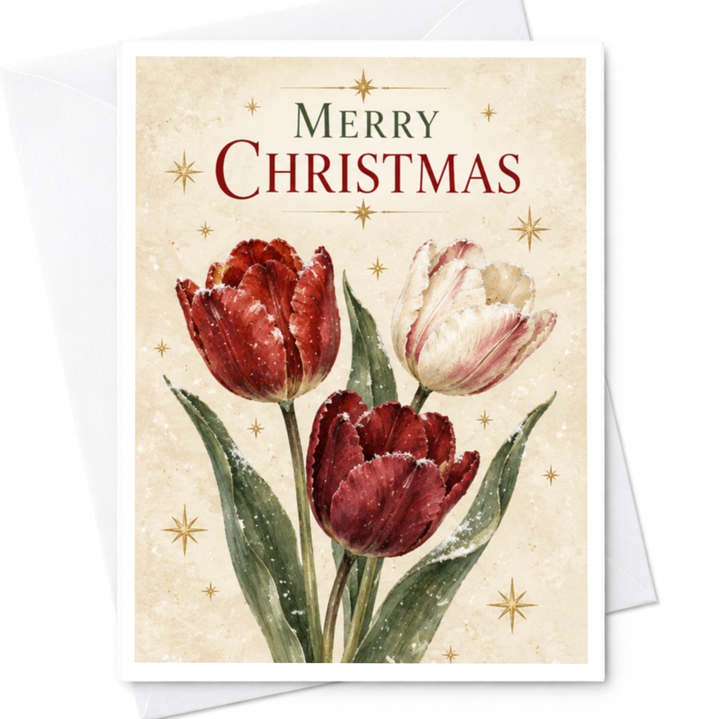 Merry Christmas Card Festive Tulip Holiday Greeting Card Seasonal Floral Art Christmas Card For Her Elegant C8746