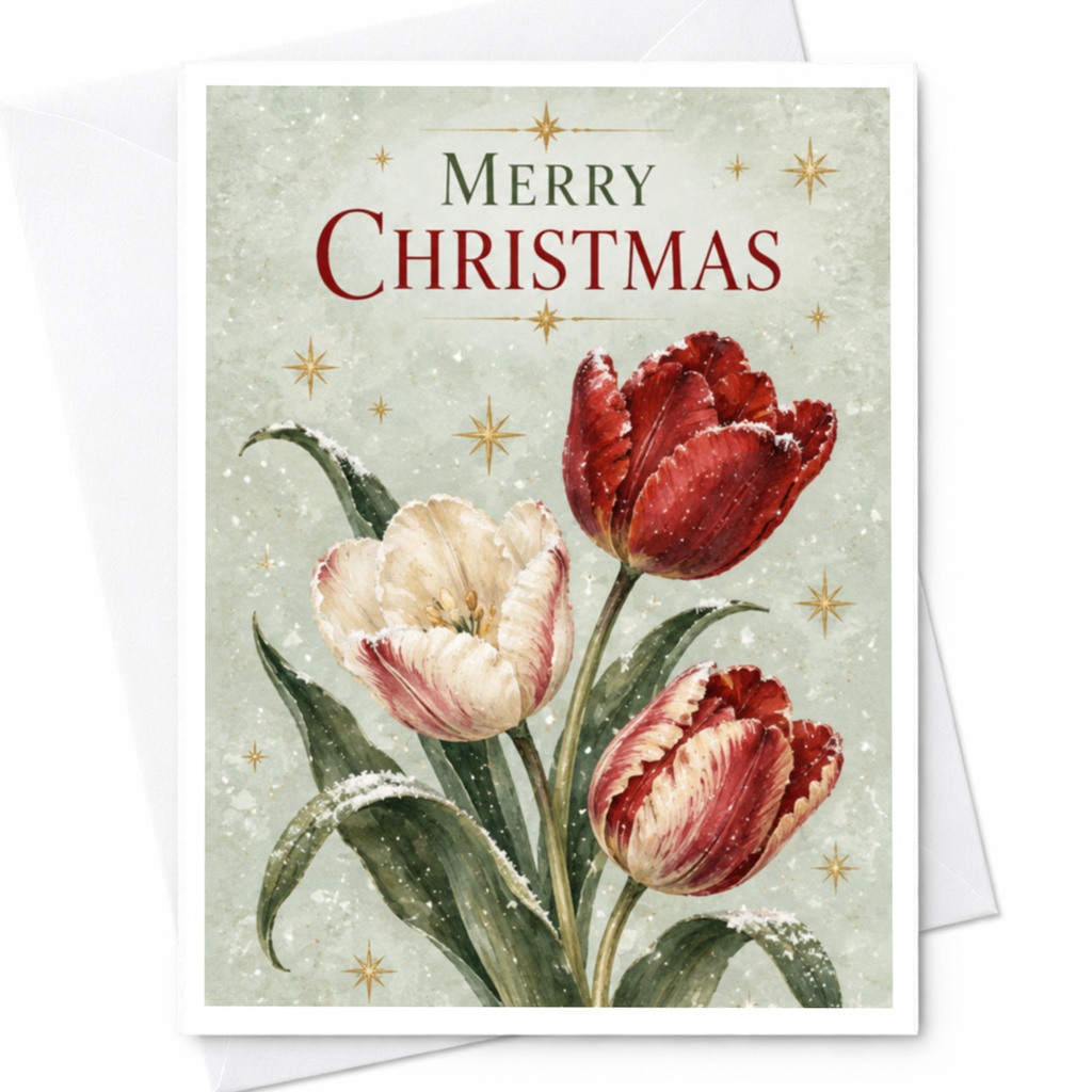 Merry Christmas Floral Card Tulip Christmas Card Holiday Greeting Card Winter Flowers Festive Card For Her C8747