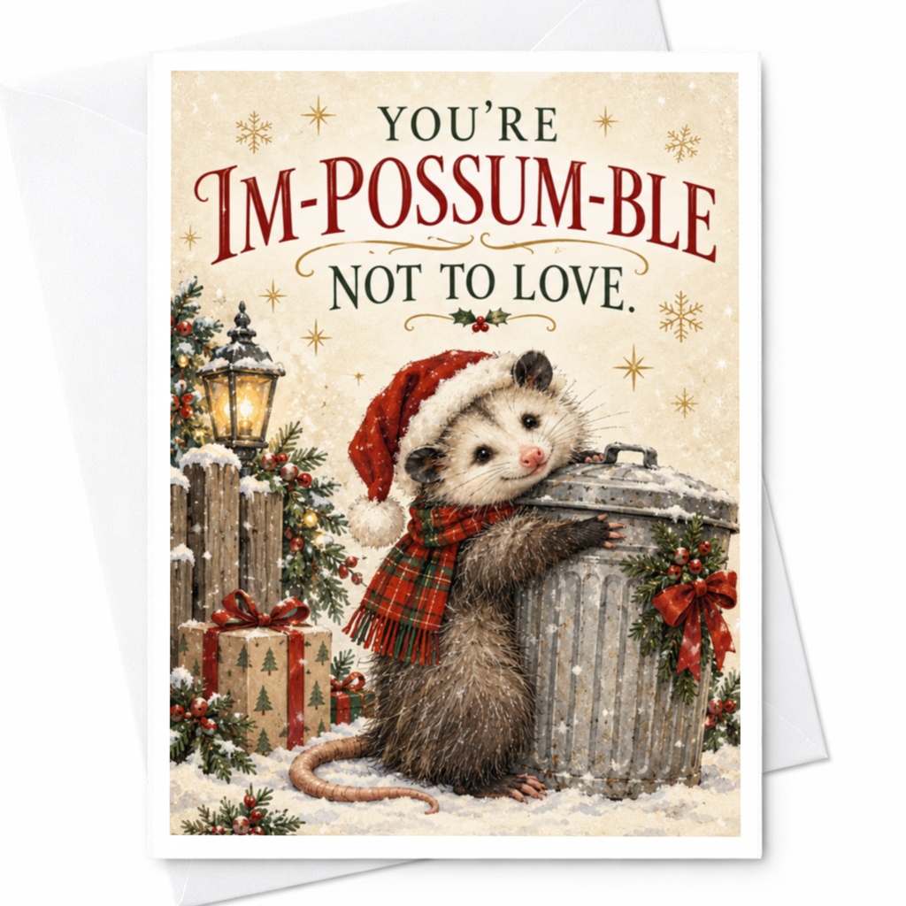 You're Im-Possum-Ble Not To Love Christmas Card Cute Possum Holiday Card Funny Animal Greeting Card For Friend Family C8748