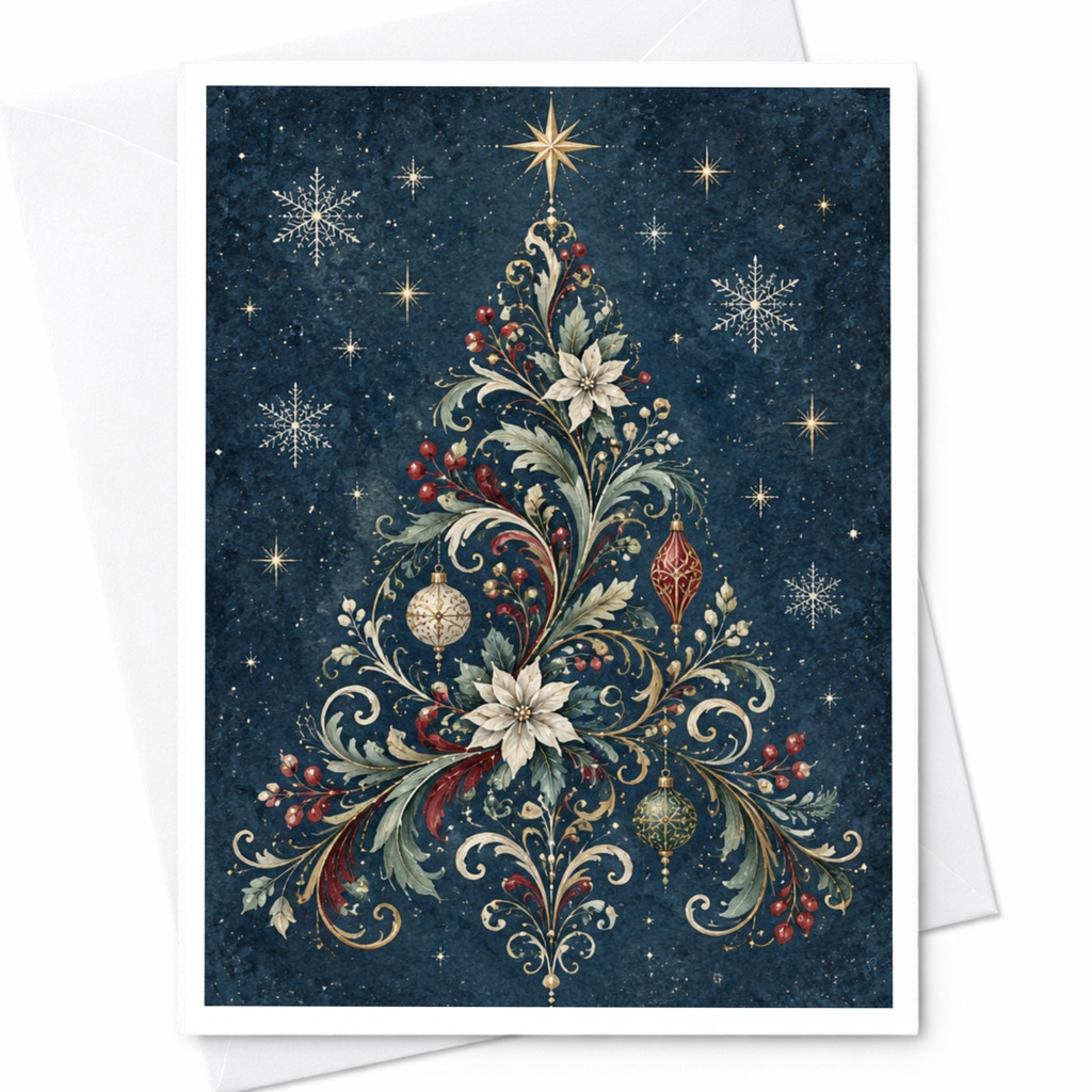 Ornate Christmas Tree Card Floral Holiday Greeting Card Elegant Festive For Christmas Celebration Winter Season C8751