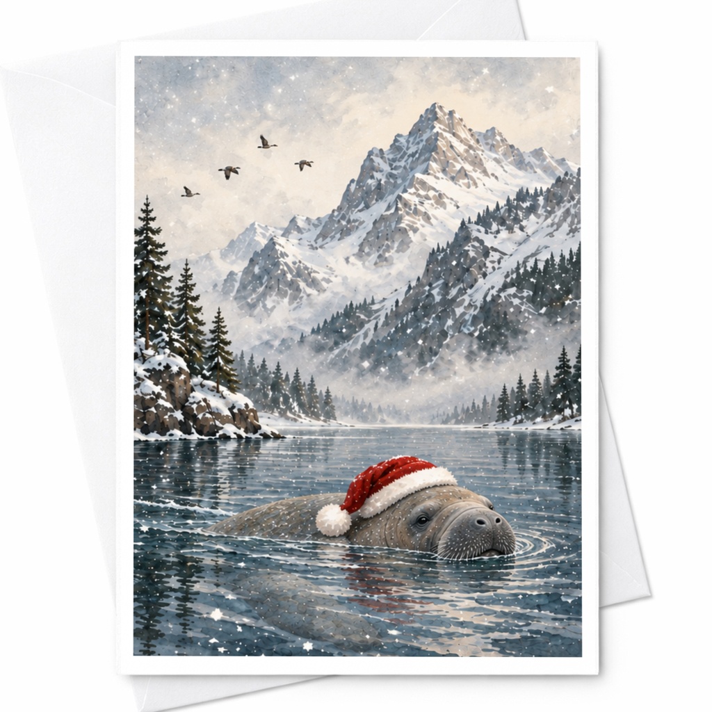 Manatee Christmas Card Cute Animal Holiday Greeting Card Winter Scene For Nature Lover Festive Santa Hat Snowy Mountain C8755