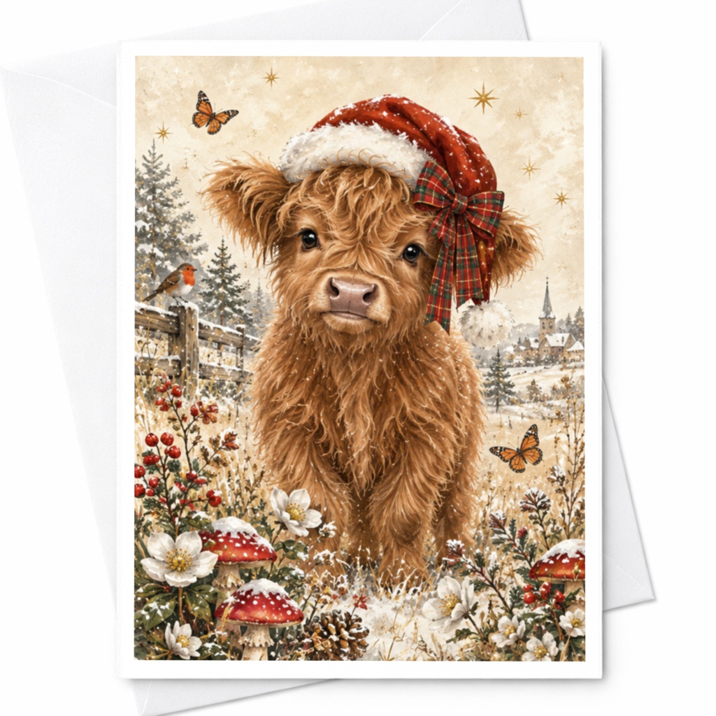 Highland Cow Christmas Card Cute Winter Animal Greeting Card For Her Holiday Card Rustic Farmhouse Style Festive Card C8756