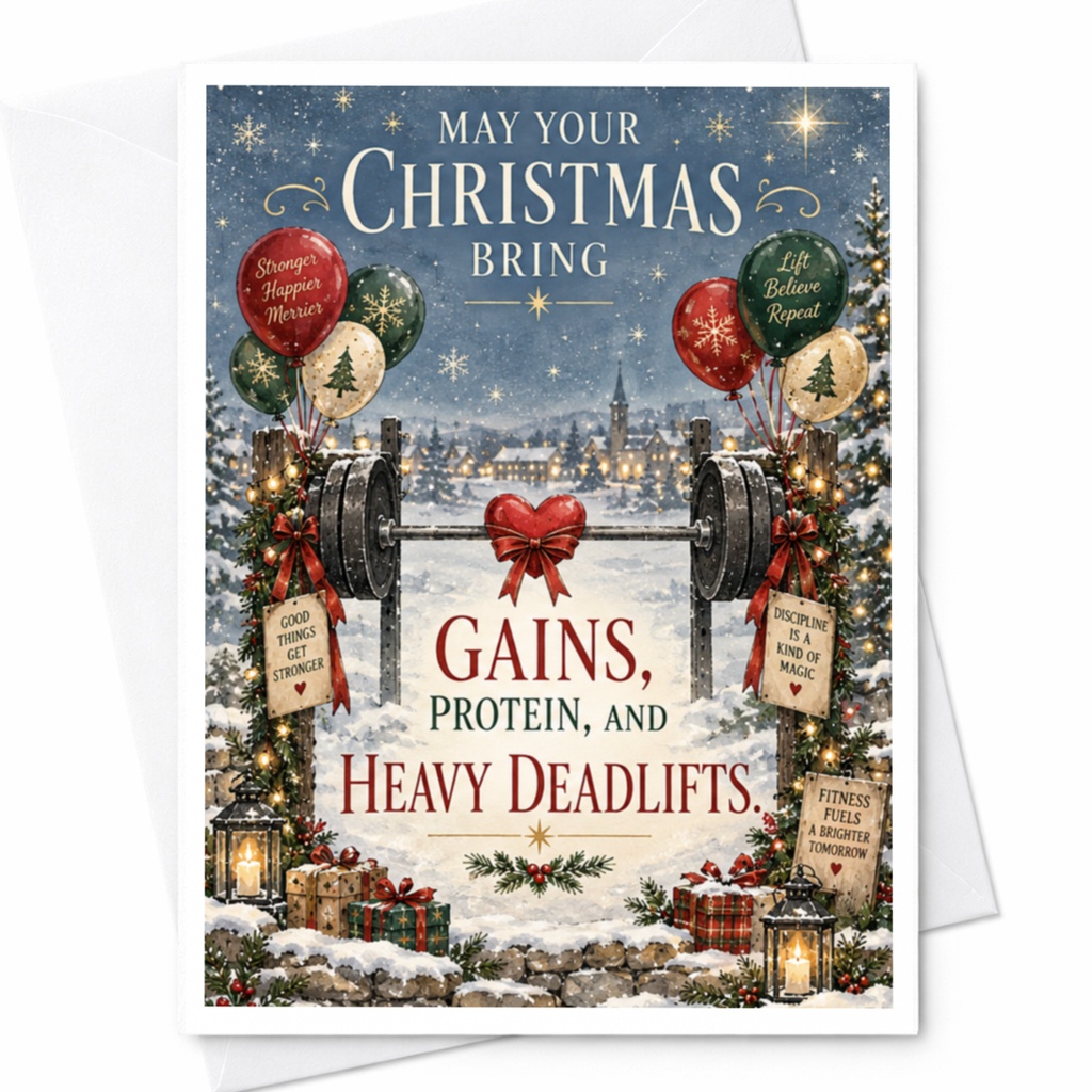 May Your Christmas Bring Gains, Protein, And Heavy Deadlifts Christmas Card Fitness Enthusiast Funny Holiday Greeting Card C8759