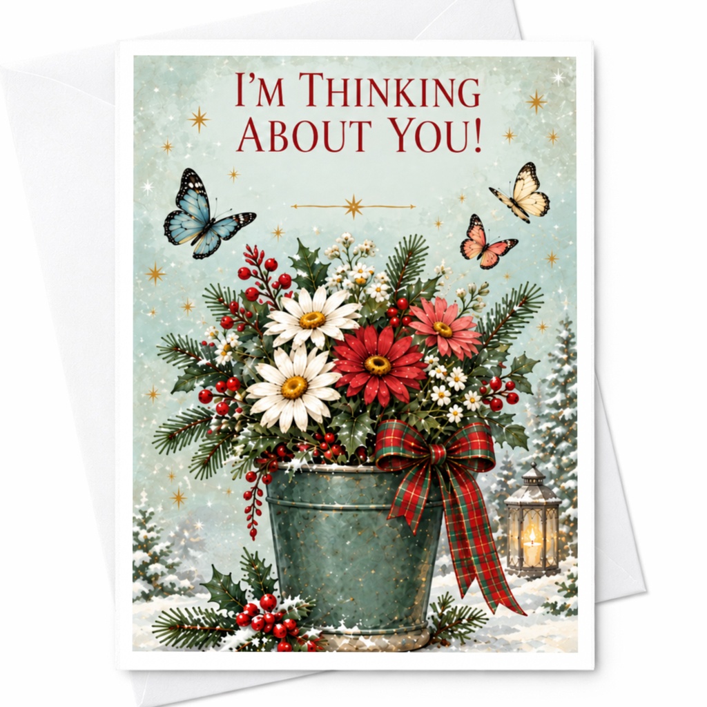 I'm Thinking About You! Floral Thinking Of You Card Butterfly Bouquet Winter Greeting Card For Friend Sentimental C8763