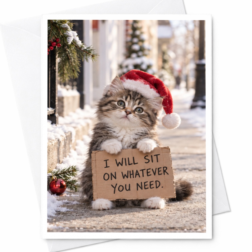 I Will Sit On Whatever You Need Funny Christmas Card Cute Cat With Santa Hat Holiday Greeting Card For Cat Lover C8768