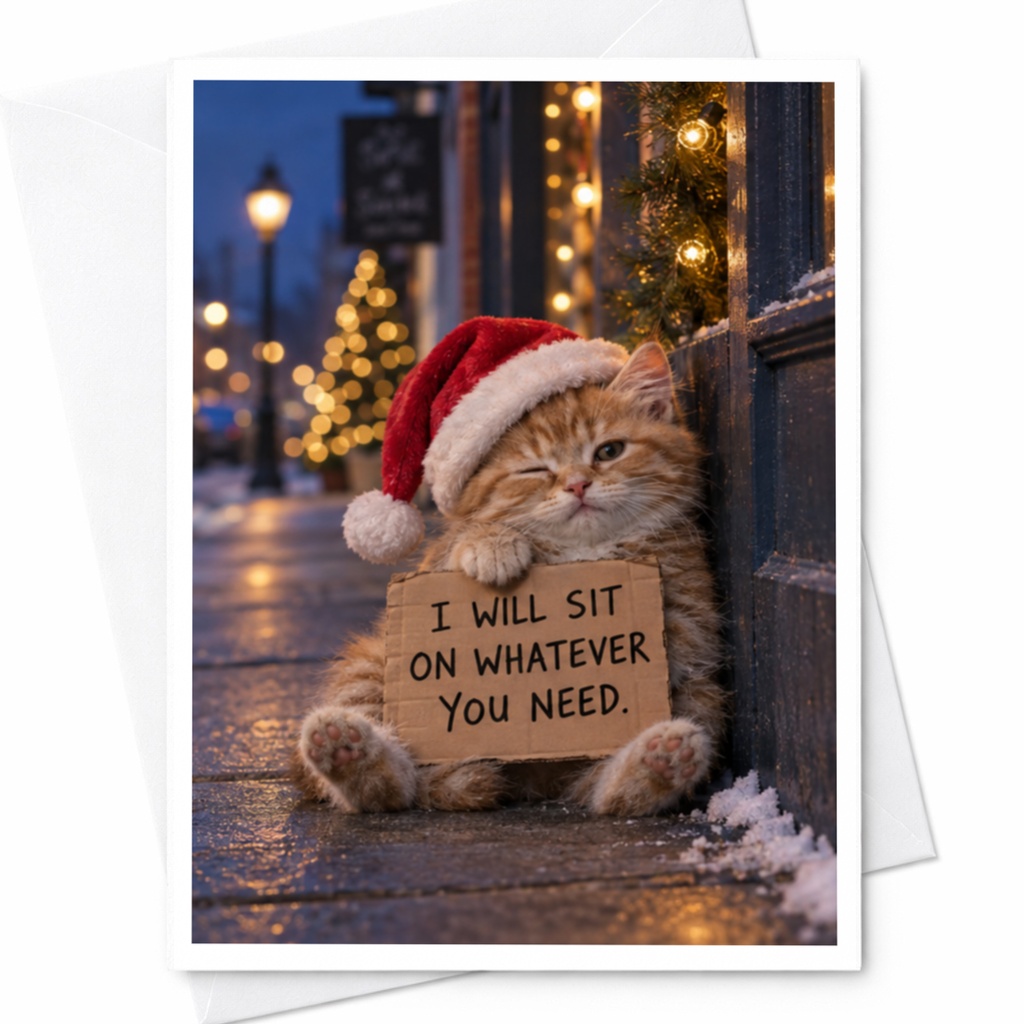 I Will Sit On Whatever You Need. Funny Christmas Card Cute Cat With Santa Hat Holiday Greeting Card For Cat Lover C8769