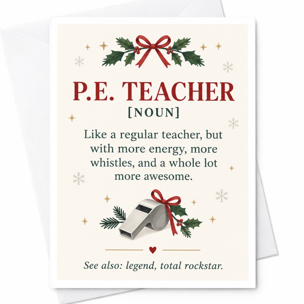 P.e. Teacher [noun] Funny Christmas Card For Pe Teacher Holiday Greeting Card Teacher Appreciation Whistle Theme Xmas Card C8770