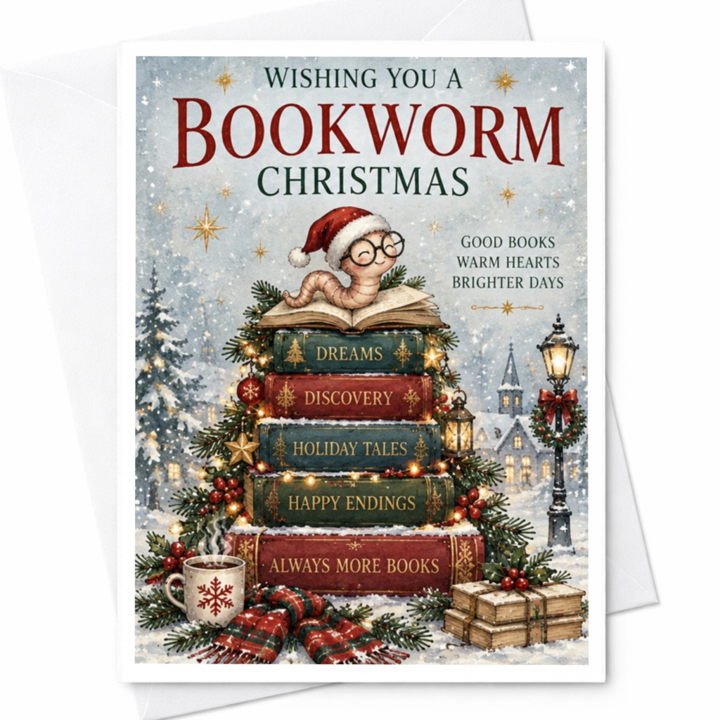 Wishing You A Bookworm Christmas Cute Christmas Card Book Lover Holiday Greeting Card Festive Winter Scene For Readers C8773