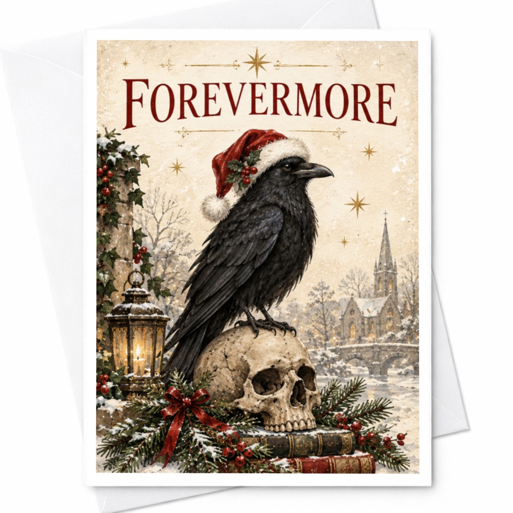 Forevermore Christmas Card Raven With Santa Hat Gothic Holiday Greeting Card Winter Scene For Him Her Unique C8774