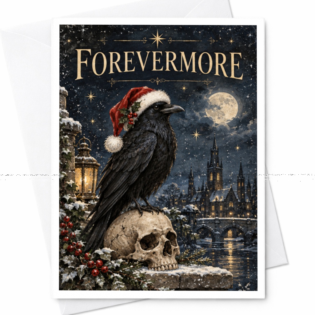 Forevermore Gothic Christmas Card Raven With Santa Hat On Skull Winter Night Scene Holiday Greeting Card For Him Her C8775