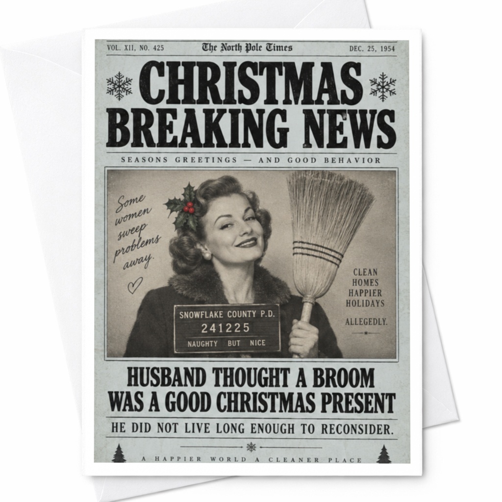Christmas Breaking News Husband Thought A Broom Was A Good Christmas Present Funny Christmas Card Vintage Style C8729