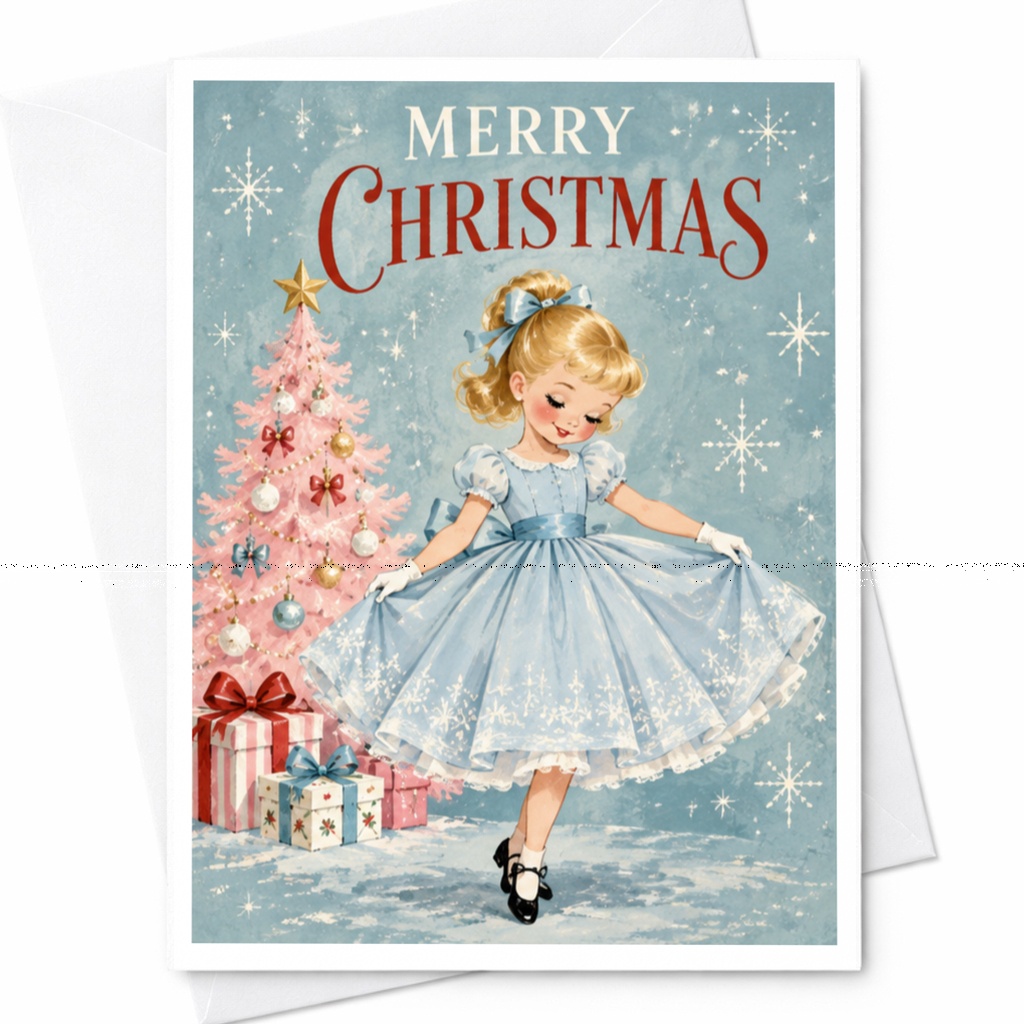 Merry Christmas Vintage Style Christmas Card Cute Girl With Tree Holiday Greeting Card For Kids Family Festive Season C8730