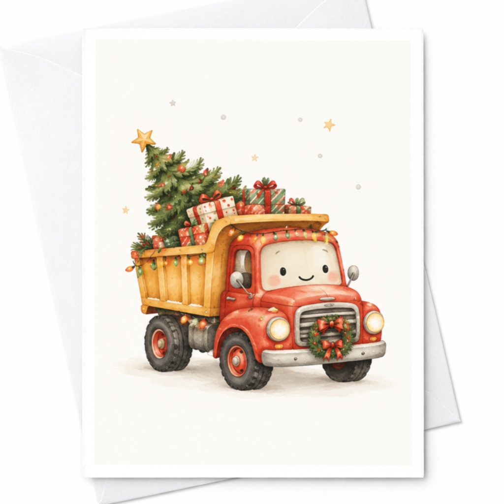 Cute Truck Christmas Card With Tree And Gifts Holiday Greeting Card For Kids Family Festive Illustration C8732