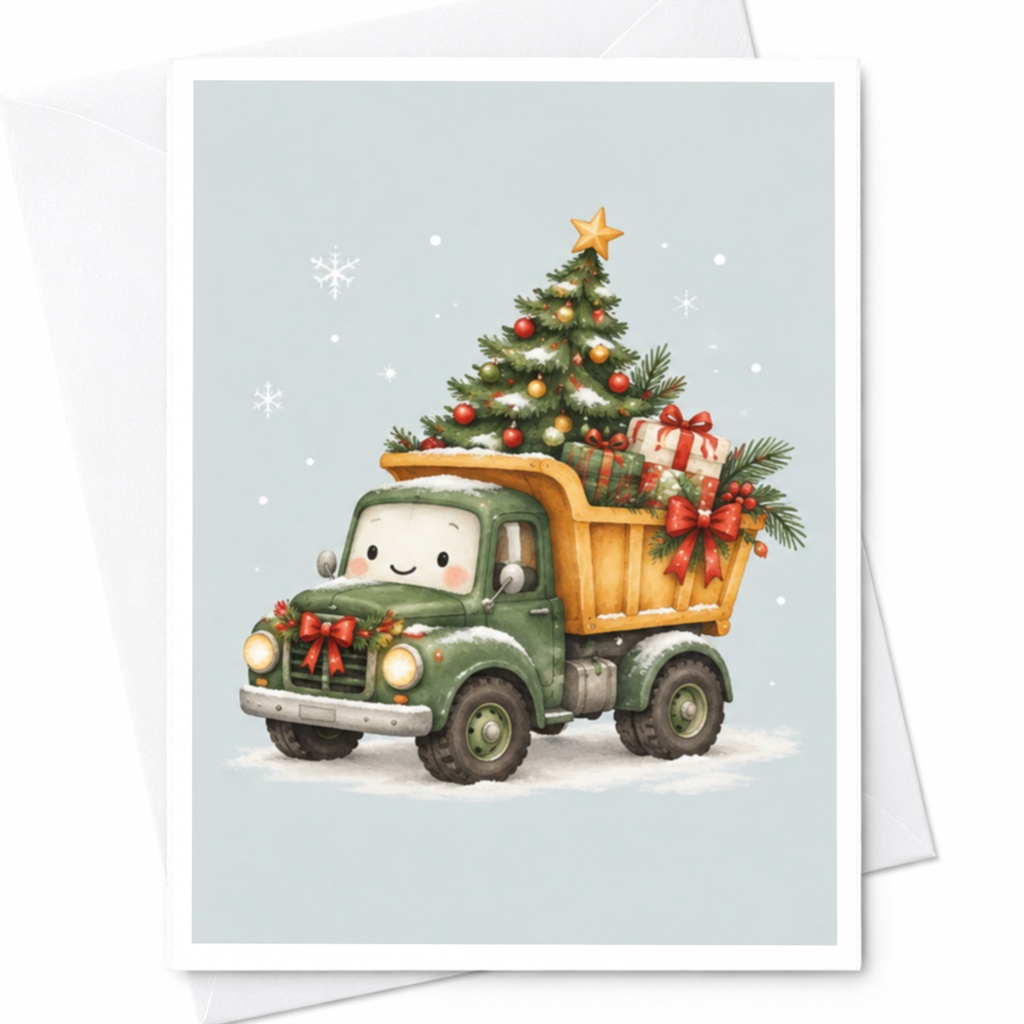 Cute Truck Christmas Card Festive Holiday Greeting Card With Tree And Gifts For Kids Family Winter Celebration C8733