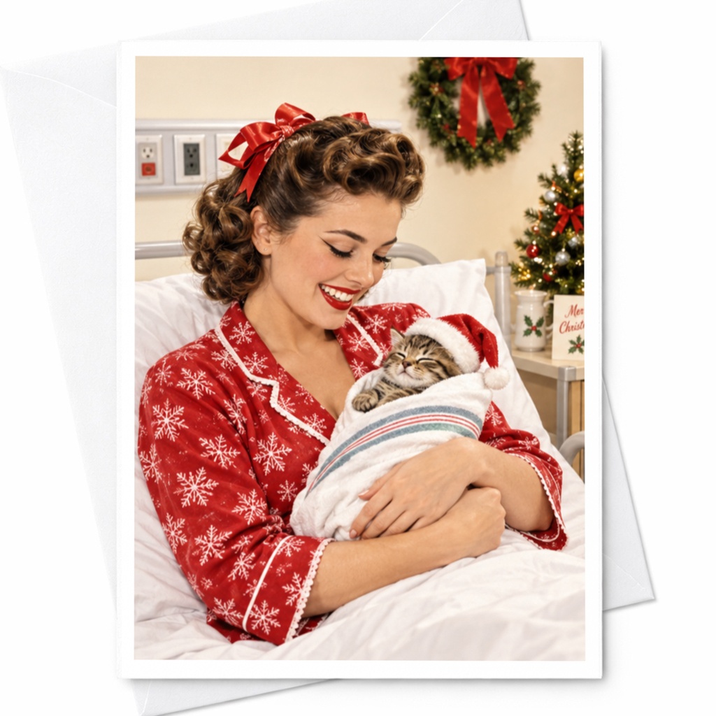Christmas Greeting Card Cute Kitten Holiday Card Vintage Style Festive Cat Lover Card For Her Adorable Christmas Card C8736
