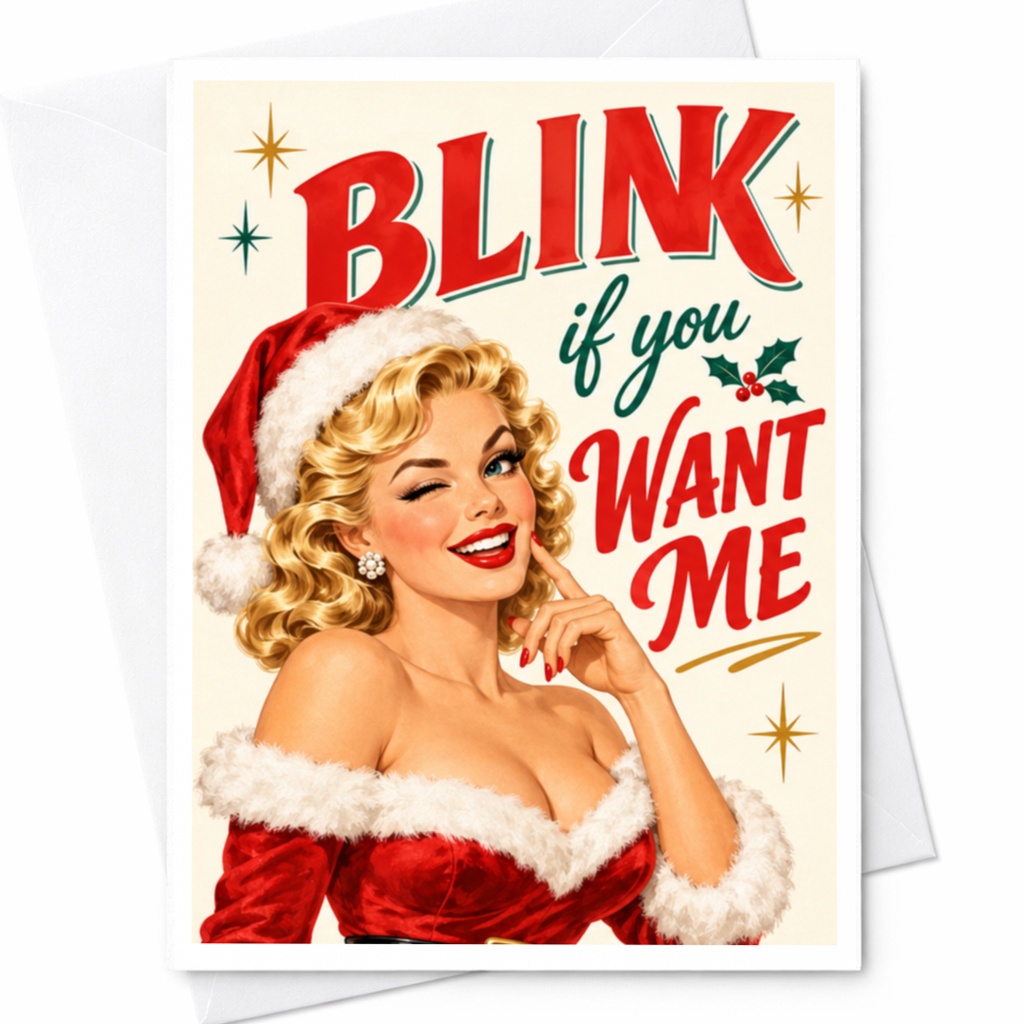 Blink If You Want Me Retro Christmas Card Funny Holiday Greeting Card Pin-Up Style Santa Outfit Cute Festive Card C8786