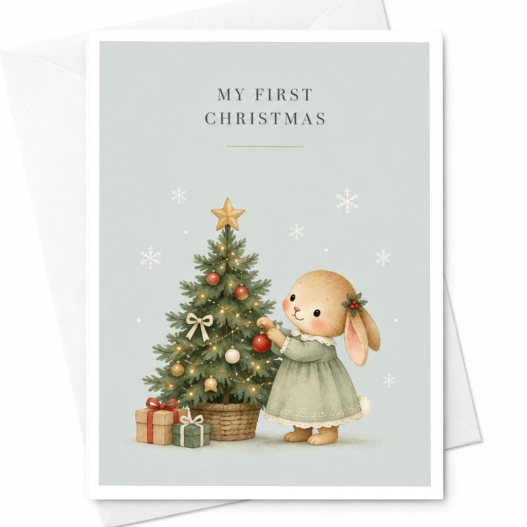 My First Christmas Cute Bunny Christmas Card Baby's First Holiday Greeting Card Adorable Animal Illustration For Kids C8789