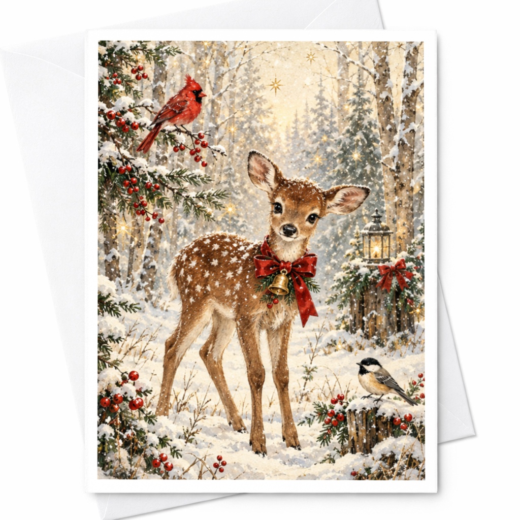 Deer In Snowy Forest Christmas Card Woodland Animal Holiday Greeting Card For Nature Lover Cute Winter Scene C8738