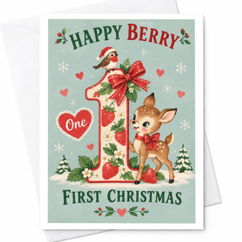 Happy Berry First Christmas Cute First Christmas Card Deer Bird Strawberries 1st Christmas Card Baby's First Christmas C8741
