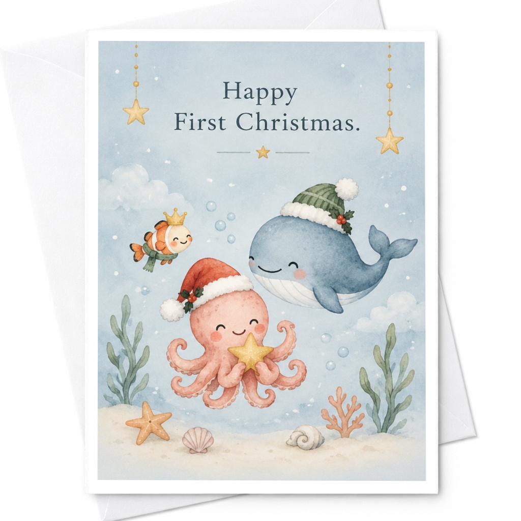 Happy First Christmas Cute Underwater Animals Christmas Card Baby's First Holiday Card Whale Octopus Fish Santa Hats C8795