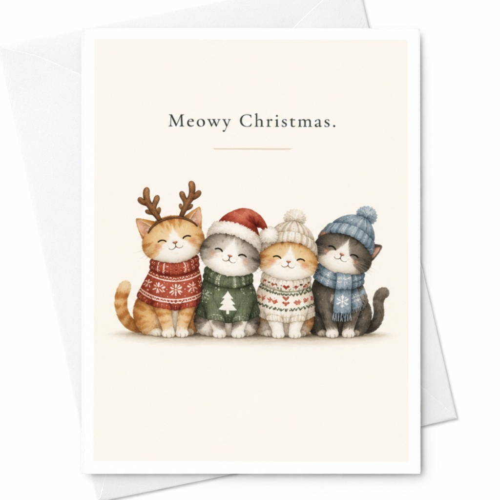 Meowy Christmas Cute Cat Christmas Card Adorable Holiday Greeting Card For Cat Lover Festive Cats In Sweaters C8798