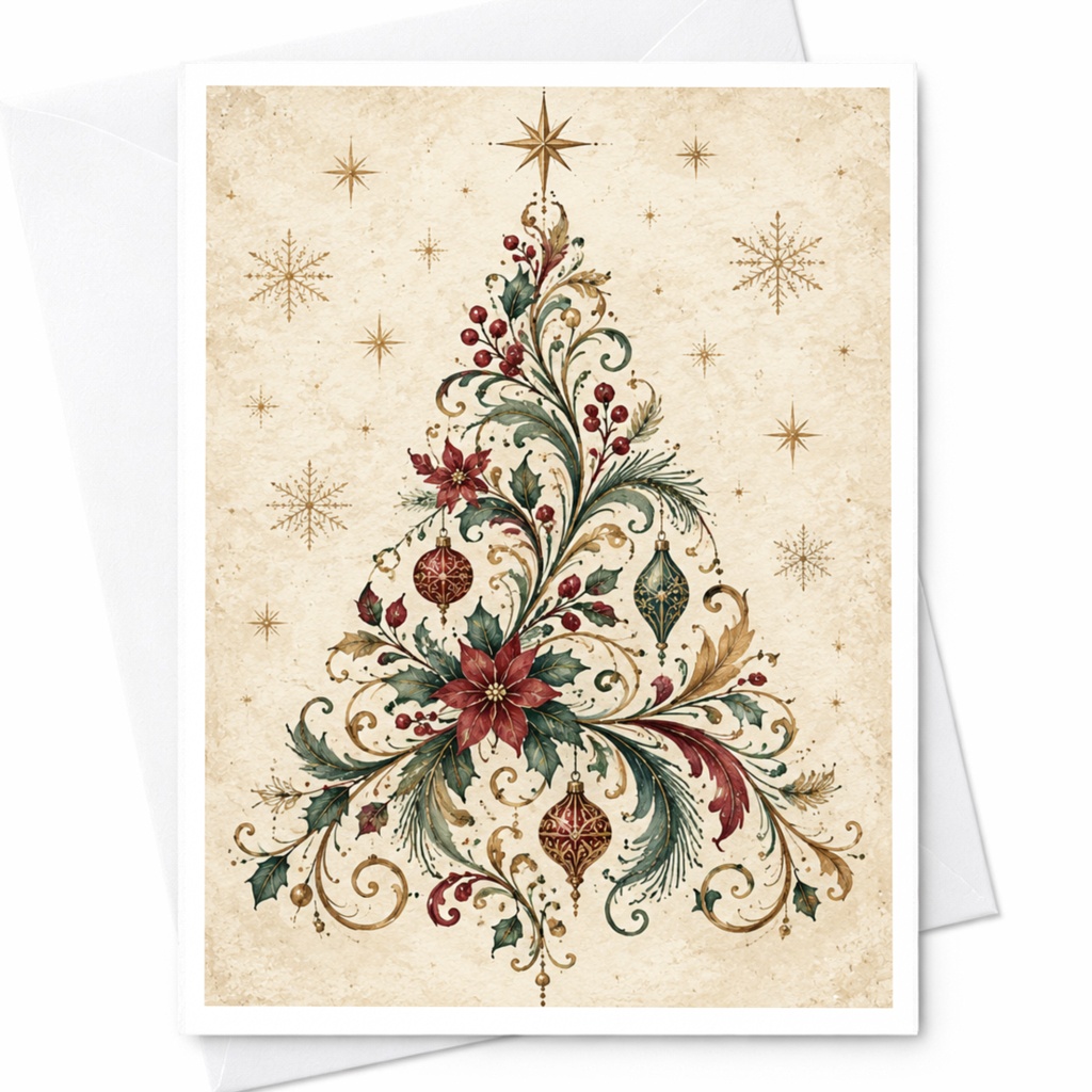Floral Christmas Tree Card Elegant Holiday Greeting Card Festive Ornament Blank Christmas Card For Family Friends C8750