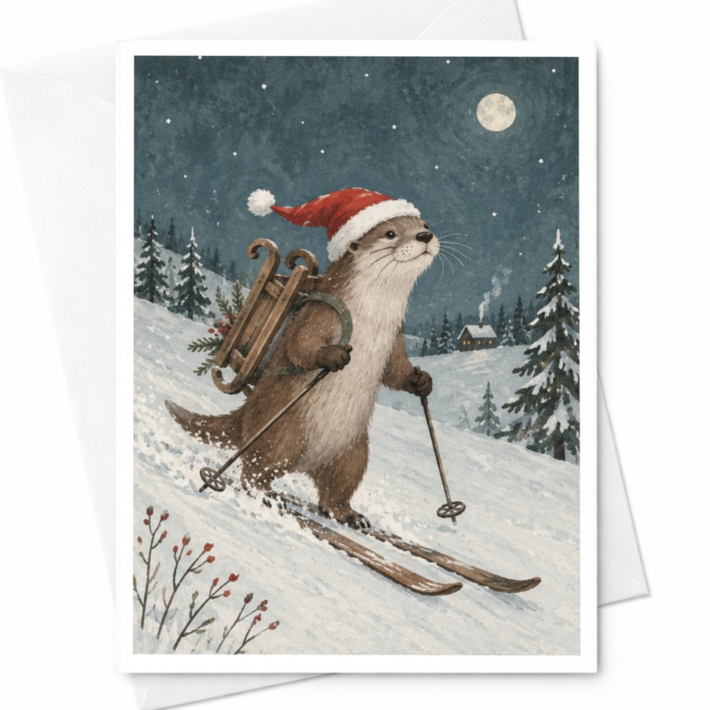 Otter Skiing Christmas Card Cute Animal Holiday Greeting Card Winter Scene For Nature Lover Festive Santa Hat Card C8807