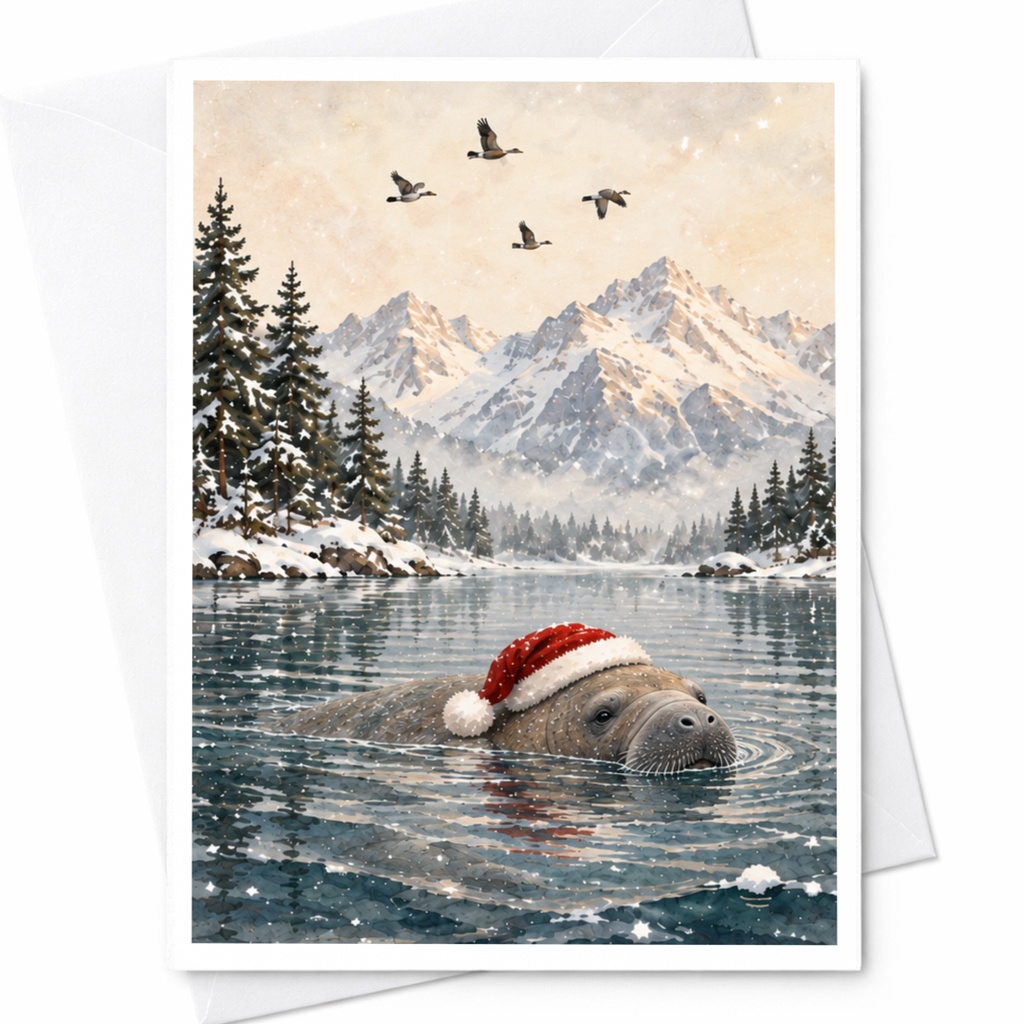 Seal With Santa Hat Christmas Card Cute Winter Animal Greeting Card For Nature Lover Holiday Card Snowy Landscape Art C8754