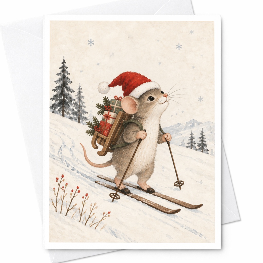 Mouse Skiing Christmas Card Cute Holiday Greeting Card Winter Animal Illustration For Kids Family Festive Season C8810