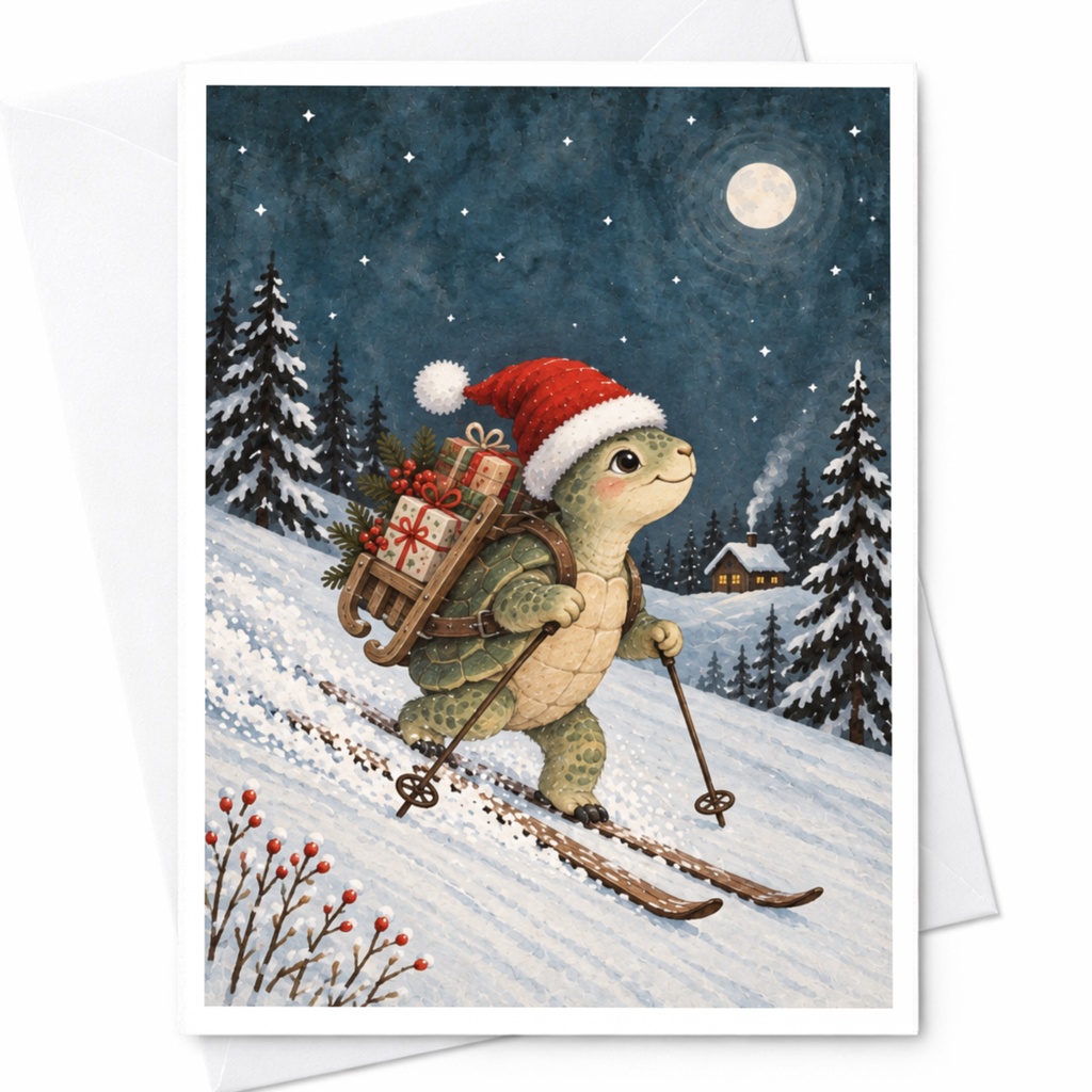 Turtle Skiing Christmas Card Cute Holiday Greeting Card Winter Scene For Animal Lover Festive Santa Hat Snowy Landscape C8813