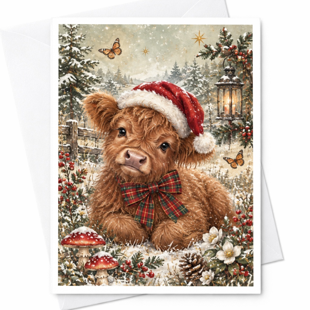Cute Cow Christmas Card Adorable Animal Holiday Greeting Card Winter Scene For Animal Lover Festive Santa Hat Card C8757