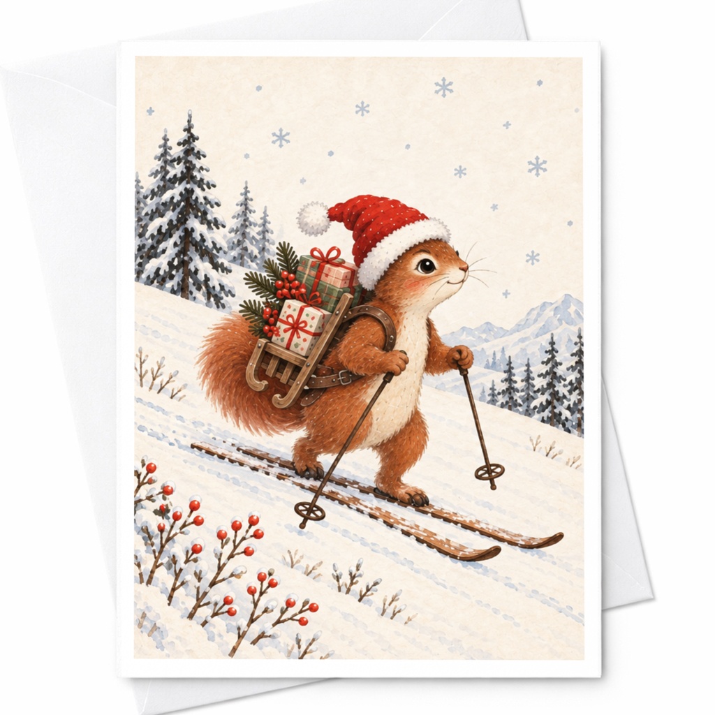 Squirrel Skiing Christmas Card Cute Animal Holiday Greeting Card Winter Scene For Nature Lover Festive Season Card C8814