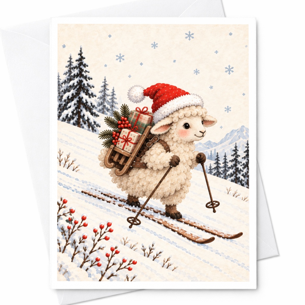 Lamb Skiing Christmas Card Cute Holiday Greeting Card Winter Scene For Animal Lover Festive Season Card With Gifts C8818