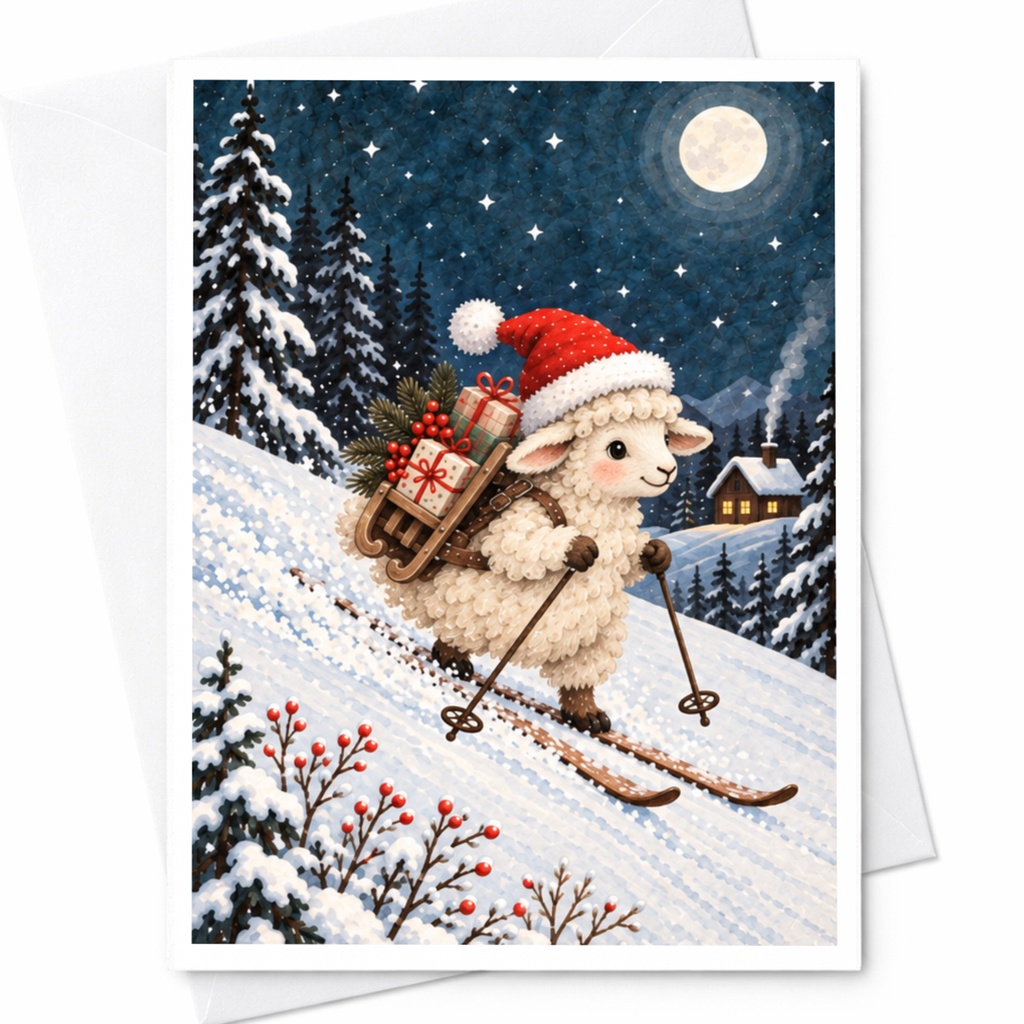 Lamb Skiing Christmas Card Cute Holiday Greeting Card Winter Scene For Animal Lover Festive Snowy Landscape Card C8819