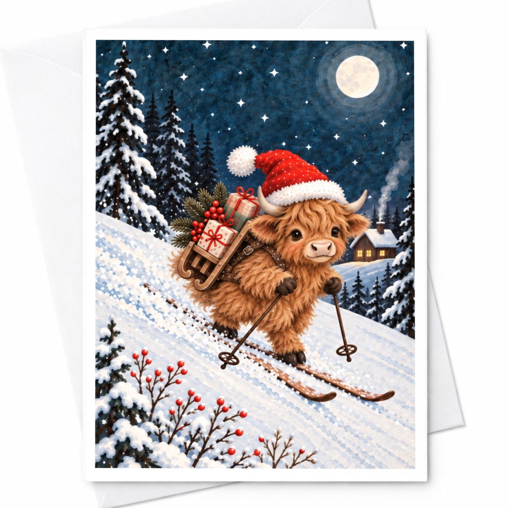 Highland Cow Christmas Card Cute Animal Skiing Holiday Greeting Card Winter Scene For Animal Lover Festive Card C8821