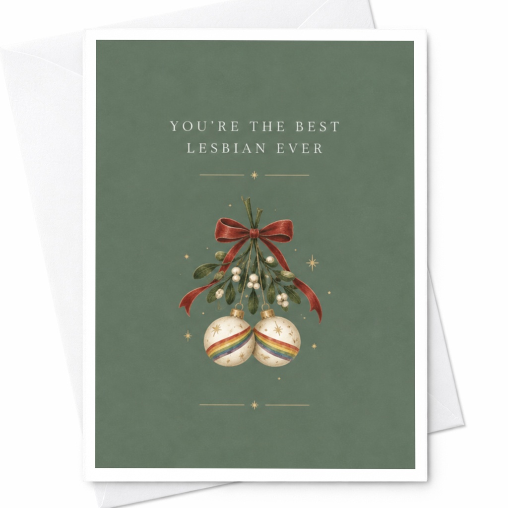 You're The Best Lesbian Ever Christmas Card Lgbtq Holiday Greeting Card Cute Mistletoe Rainbow Ornaments Festive Card For Her C8767