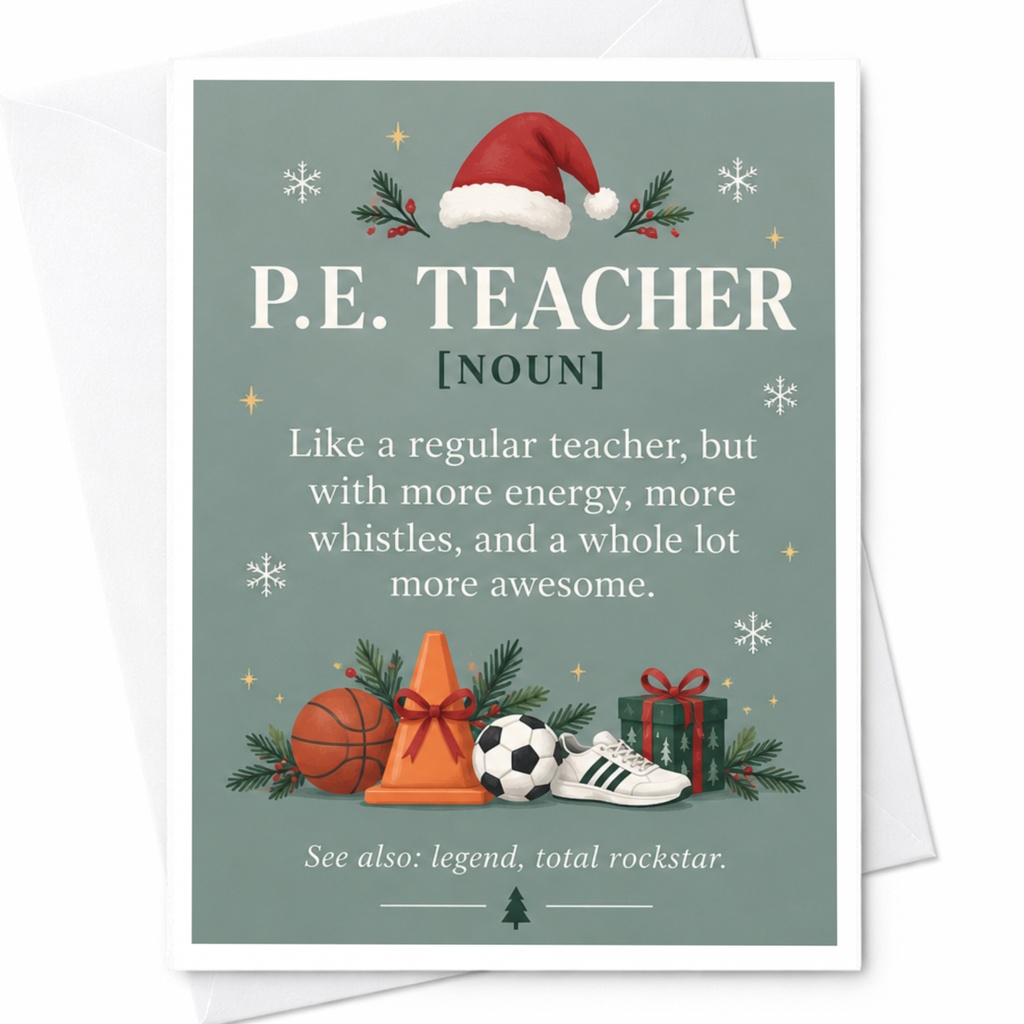 P.e. Teacher [noun] Funny Christmas Card Sports Teacher Holiday Greeting Card For Coach With Festive Card C8771