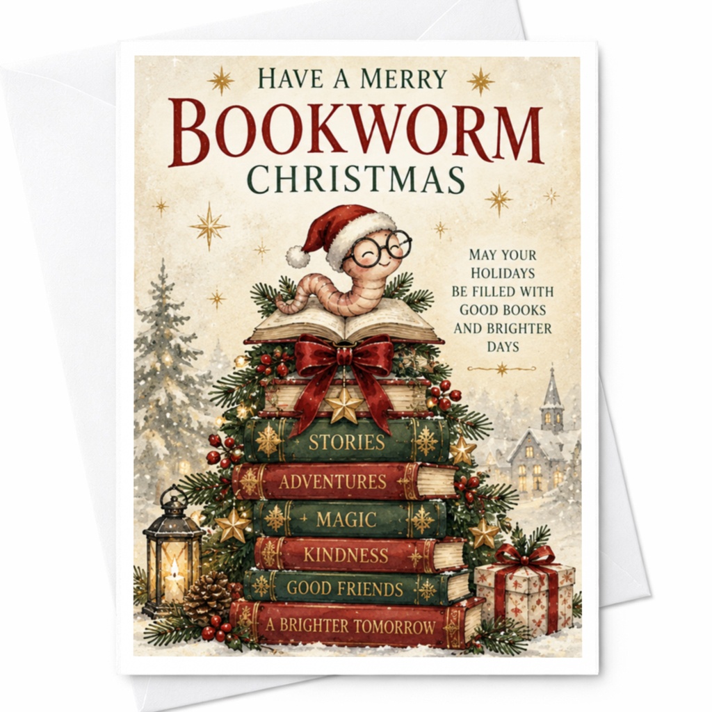 Have A Merry Bookworm Christmas Cute Christmas Card Book Lover Holiday Greeting Card Festive Bookworm Card For Readers C8772