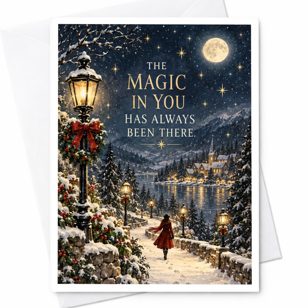 The Magic In You Has Always Been There Christmas Card Winter Village Scene Holiday Greeting Card Inspirational Snowy Landscape C8780
