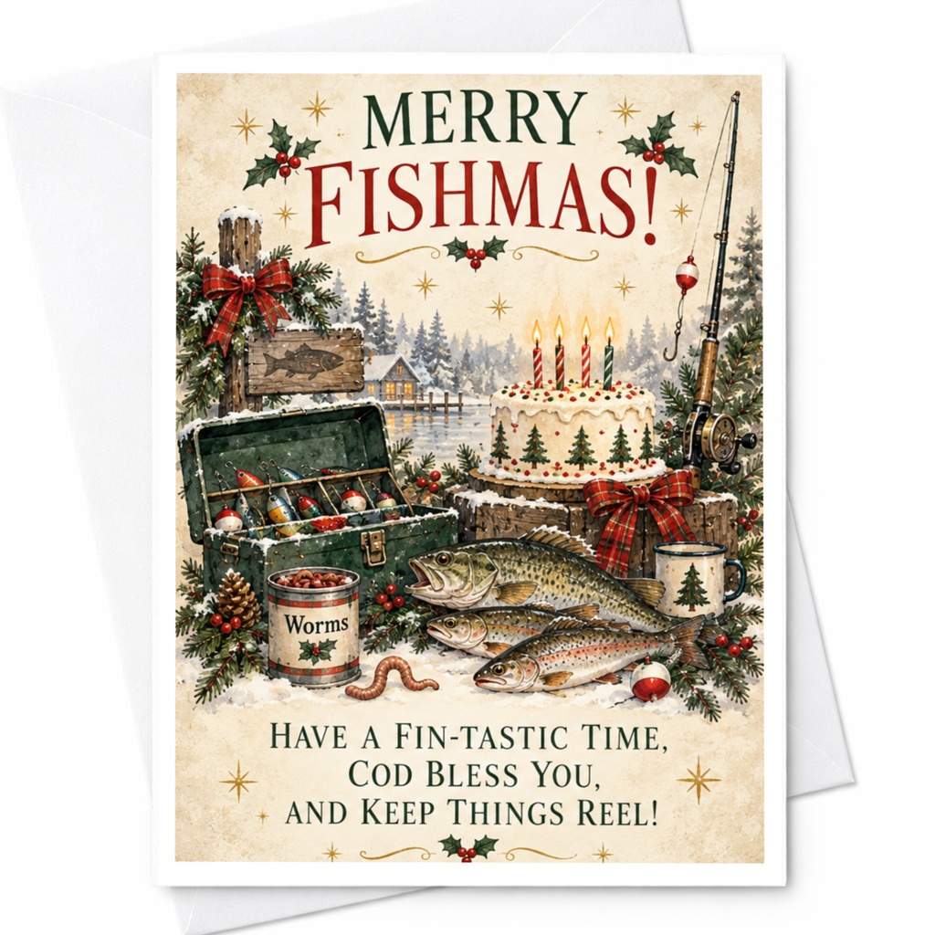 Merry Fishmas! Christmas Card Fishing Theme Have A Fin-Tastic Time Cod Bless You Keep Things Reel Funny Holiday Card C8784