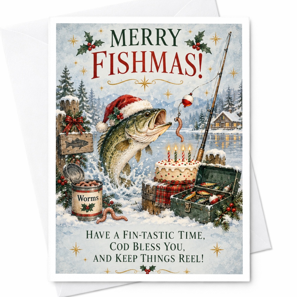 Merry Fishmas! Christmas Card Festive Fish With Santa Hat Funny Holiday Greeting For Fisherman Cute Winter Scene C8785