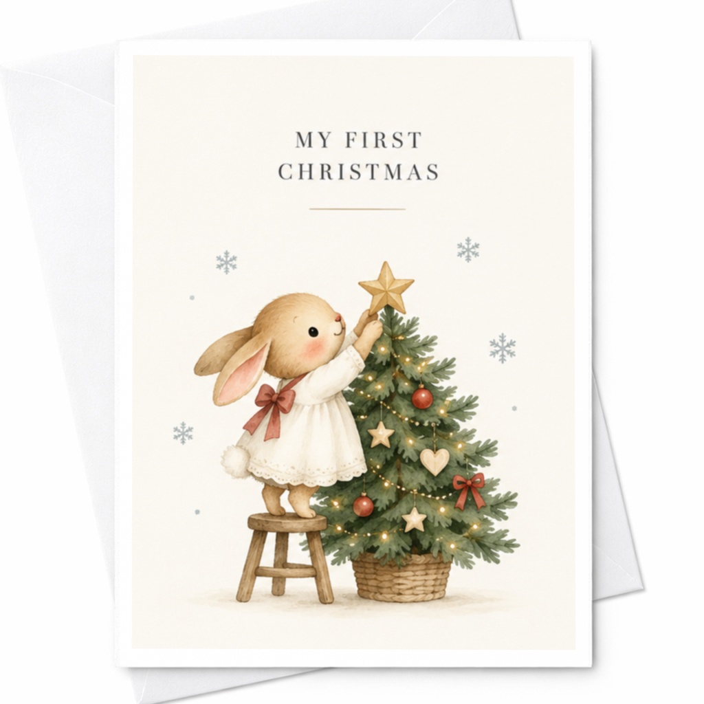 My First Christmas Cute Bunny Christmas Card Baby's First Holiday Adorable Animal Card Newborn Keepsake Card C8788