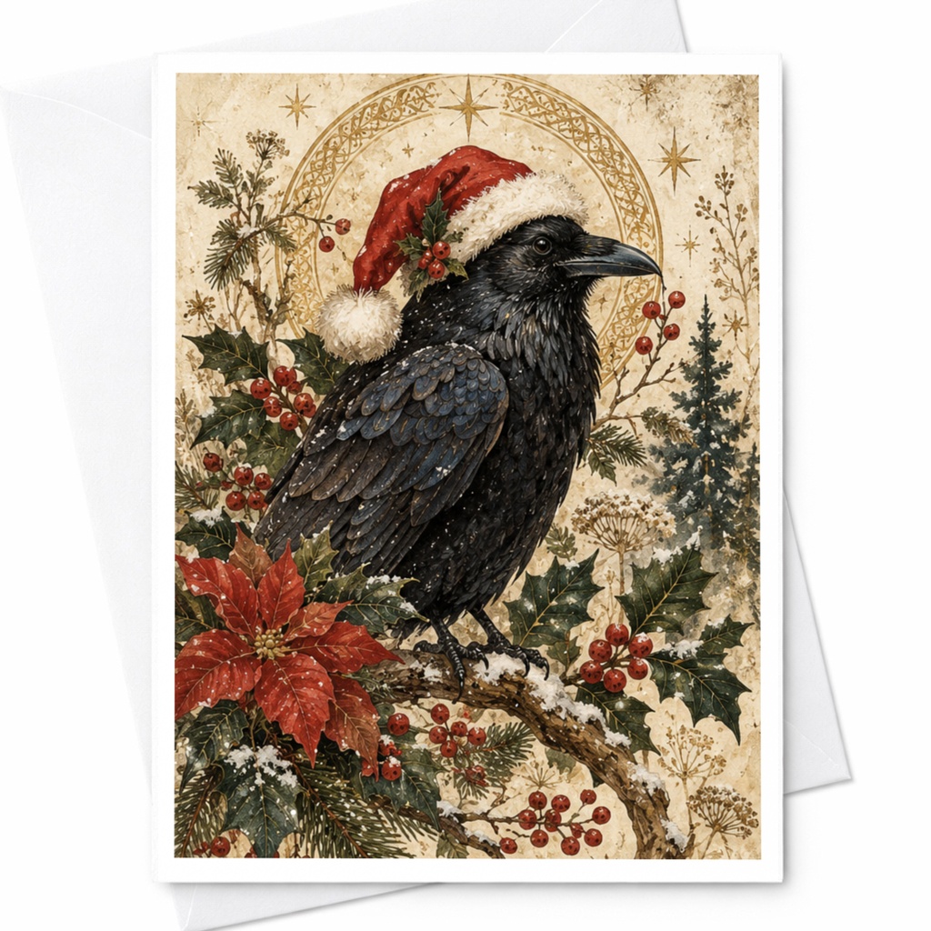Raven With Santa Hat Christmas Card Holiday Greeting Card Winter Bird Art For Nature Lover Festive Animal Card C8790